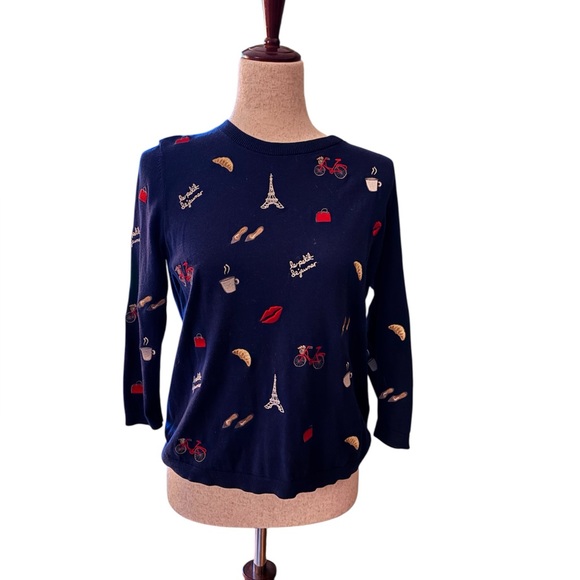 Talbots Petites Paris Embroidered Sweater MP Navy Eiffel Tower Croissant Coffee - Picture 1 of 6